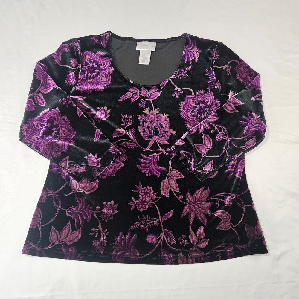 Worthington Velvet Floral Blouse Large Purple Black Long Sleeve Top Stretch VTG